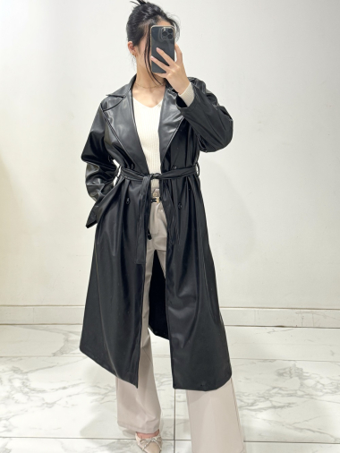 Wholesaler Rosy Days - Mid-length belted faux leather trench coat