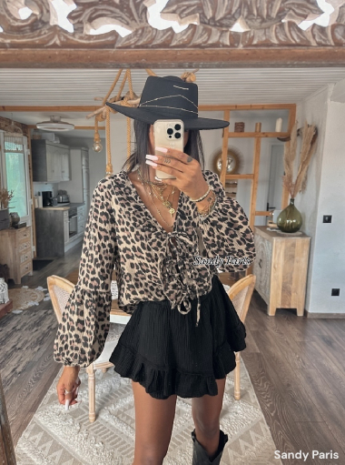 Wholesaler Sandy Paris - Bohemian Leopard Blouse with Ruffle Details