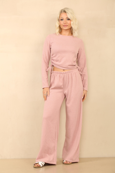 Grossiste Sumel - Ensemble crop top avec pantalon et noeud resserage cordon velours ref-8956