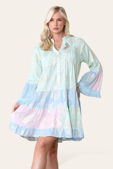 Grossiste Sumel - Robe courte, col en V, trois tons, boutonnée, imprimé floral doré, design-3098