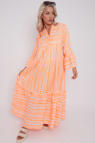 Wholesaler Sumel - Long Bohemian Urban dress with neon arrow print, long sleeves ref 25045