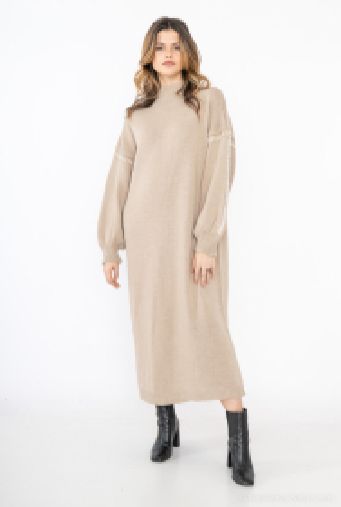 Grossiste Sumel - Robe pull longue d’hiver manche longue design point stitch uni col rond ref RSLI