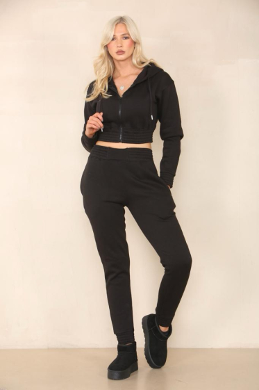 Grossiste Sumel - Sweat à capuche court zippé avec jogging slim taille haute, ensemble Ref-1735