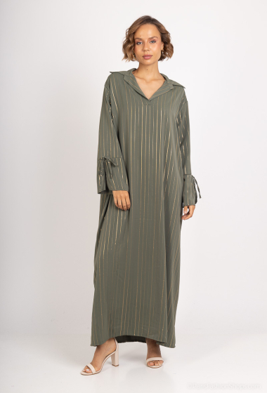 Großhändler Tendance - Abaya-Hemdkragen, offene Ärmel mit Schleife, bedruckter Streifengoldfaden