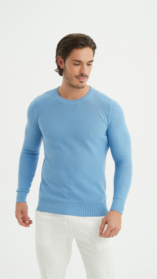 Grossiste Yves Enzo - Pull col rond coton piqué - Bleu