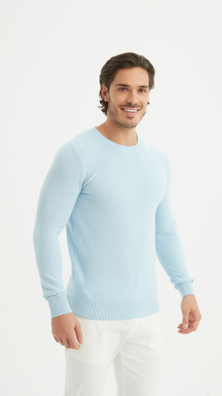 Wholesaler Yves Enzo - Round-neck cotton pique sweater - Sky blue