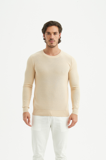 Grossiste Yves Enzo - Pull col rond coton piqué - Beige