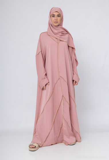 Wholesaler ZABULON 3 - Abaya dress with integrated veil decorated with gold stitching and flared