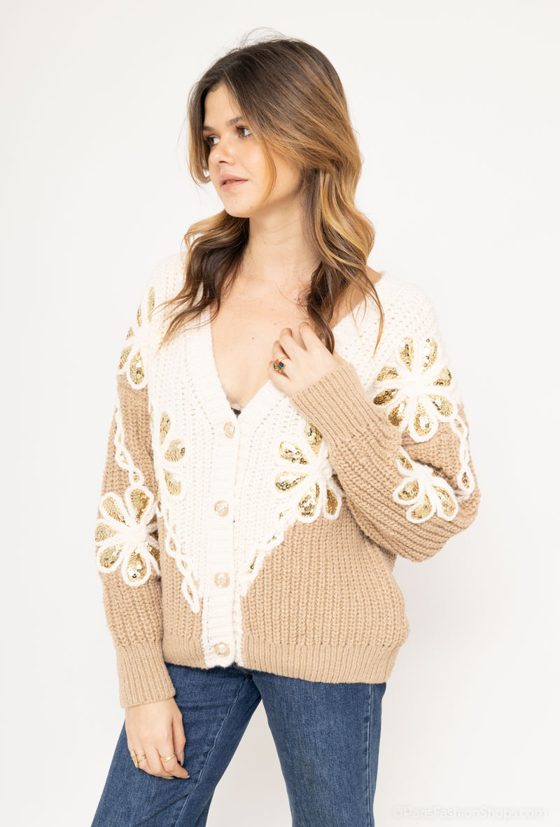 Two-tone knit cardigan with flower embroidery and sequins CLARETTE