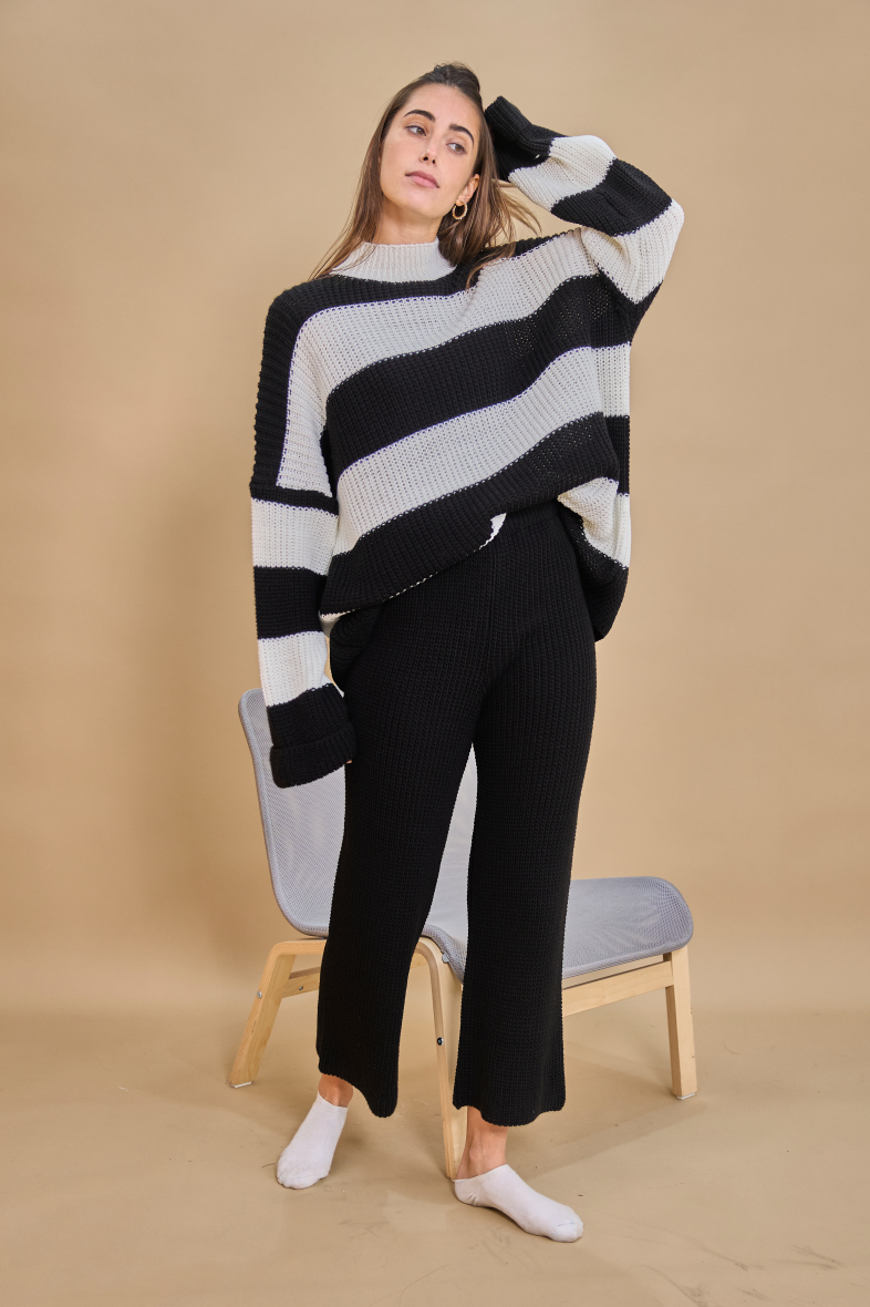 Acheter TAOVK hiver femmes couleur unie rayé pull à col roulé et pantalon  élastique tricoté deux pièces ensemble