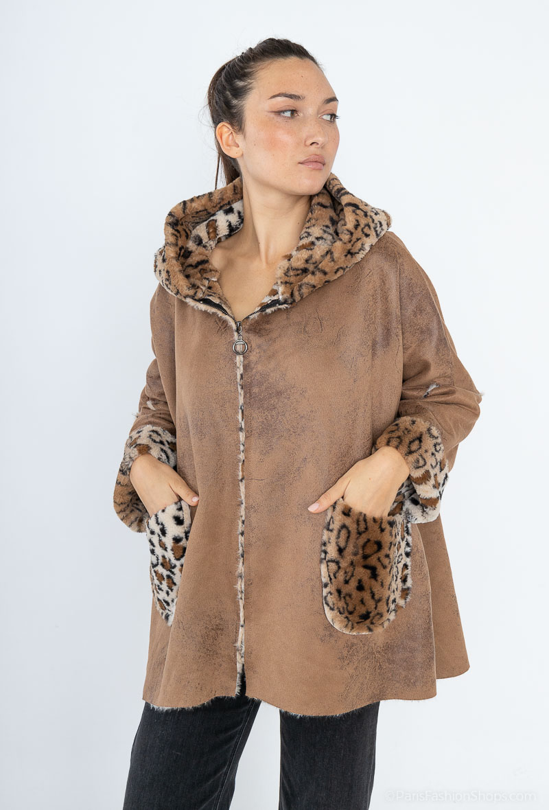 Manteau À capuche en fausse fourrure de léopard
