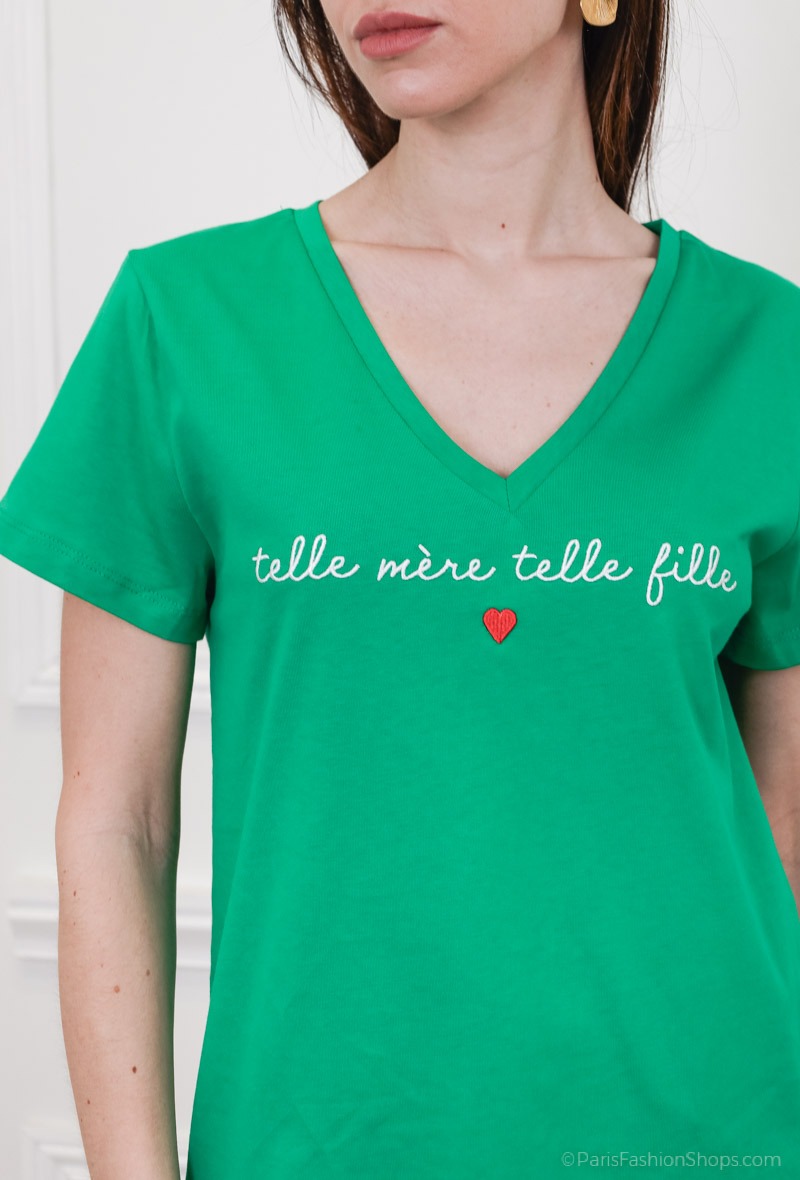 T shirt col en V brod PM M re Fille Paris Fashion Shops