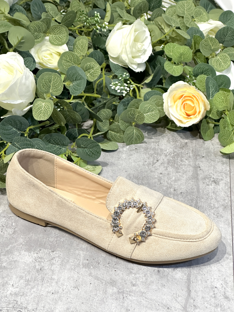 Faux suede ballet flats with rhinestone buckle. R and BE Paris