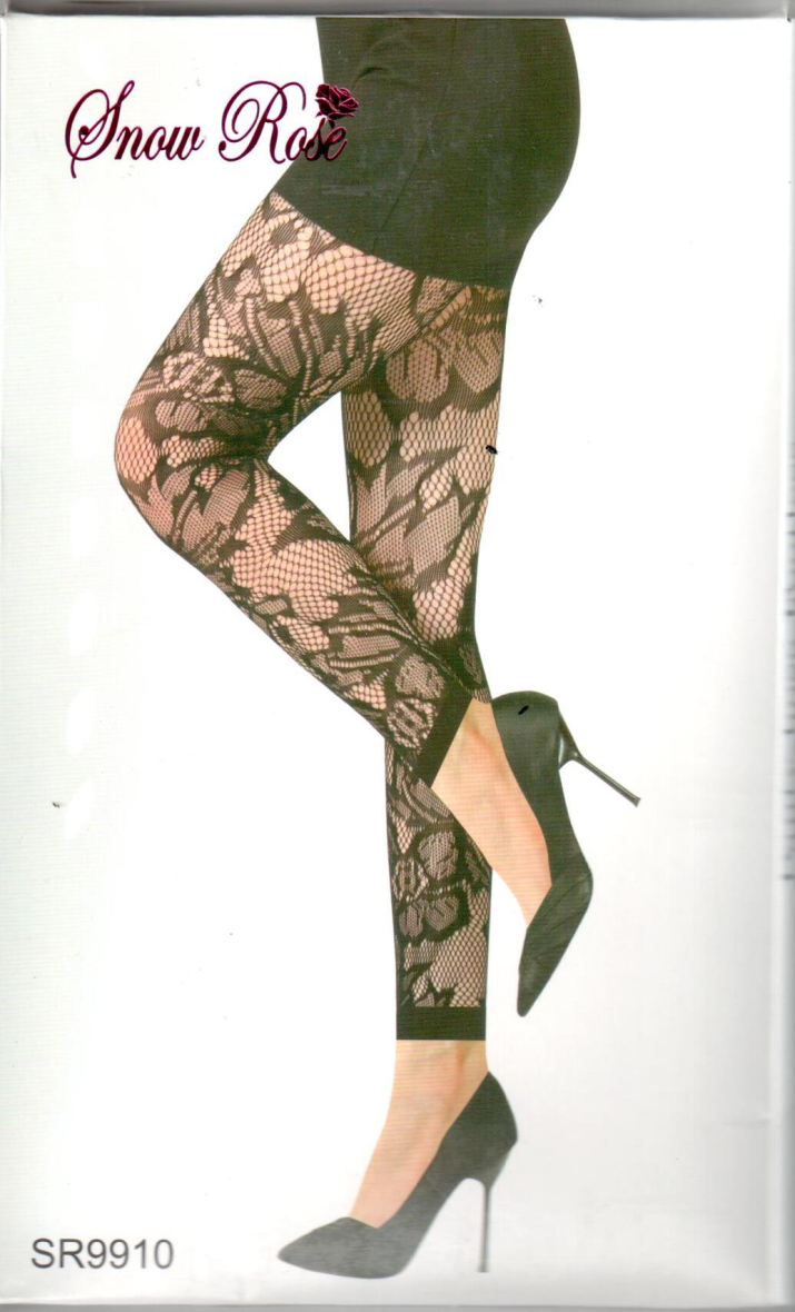 Footless fishnet tights with large flower pattern Snow Rose