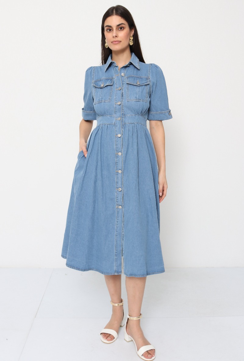 Long denim dress with short cuffed sleeves