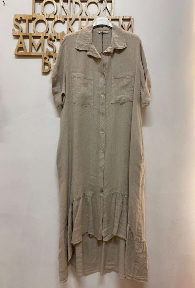 Großhändler 123LINO - Langes, geknöpftes Hemdblusenkleid mit kurzen Ärmeln aus Leinen