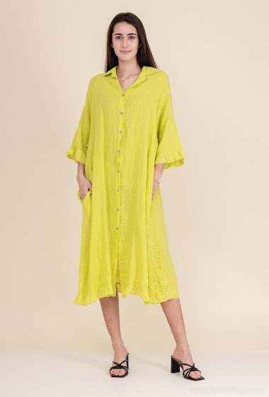 Grossiste 123LINO - Longue robe-chemise boutonnées manches courtes en lin