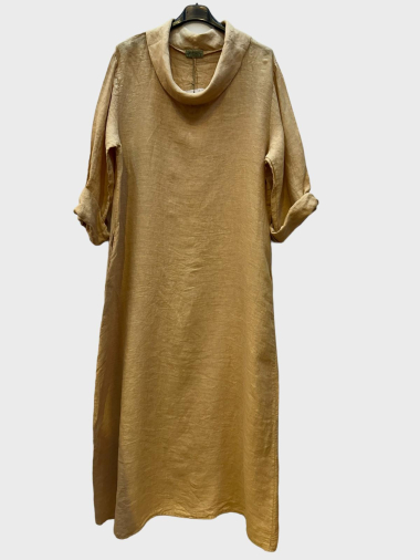Wholesaler 123LINO - Long linen dress, functional pockets, turtleneck, long sleeves