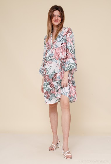 Wholesaler 123LINO - Tunic dress sleeves 3/4 floral linen