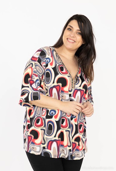 Decorative V-neck printed blouse with oversized batwing sleeves