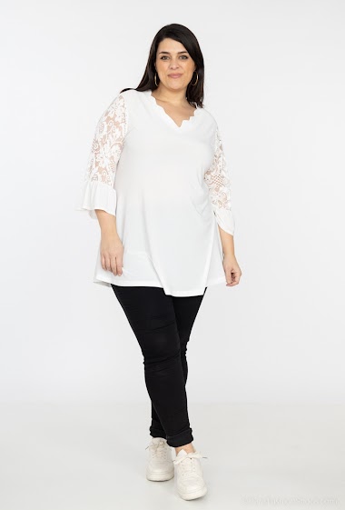 V-neck blouse with lace sleeves