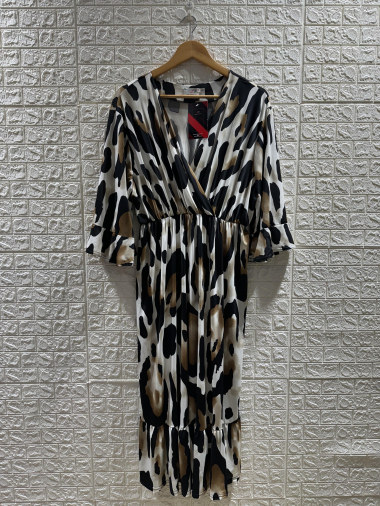 Wholesaler 2W Paris - Flared sleeve print trapeze dress with ruffles