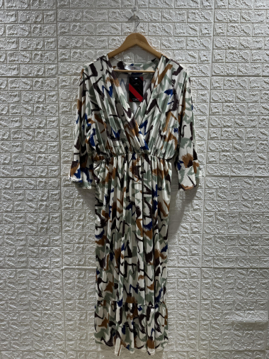 Wholesaler 2W Paris - Flared sleeve print trapeze dress with ruffles