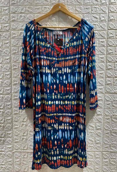 Wholesalers 2W Paris - Printed Tunic Dress Openwork Collar 3/4 Sleeve Detail
