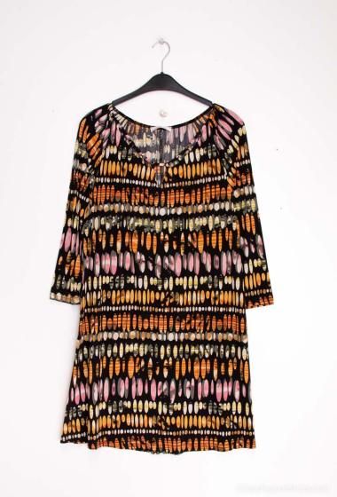 Wholesaler 2W Paris - Printed Tunic Dress Openwork Collar 3/4 Sleeve Detail