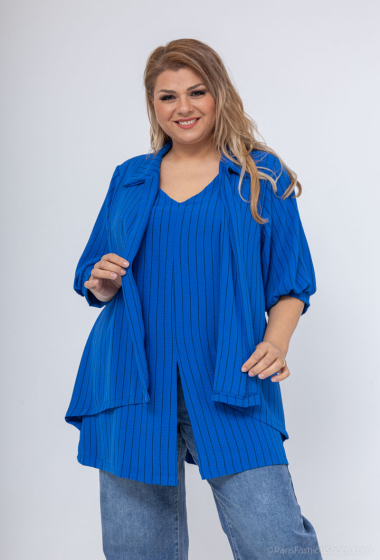Wholesaler 2W Paris - Collared tunic 2-in-1 striped shirt with 3/4 sleeves
