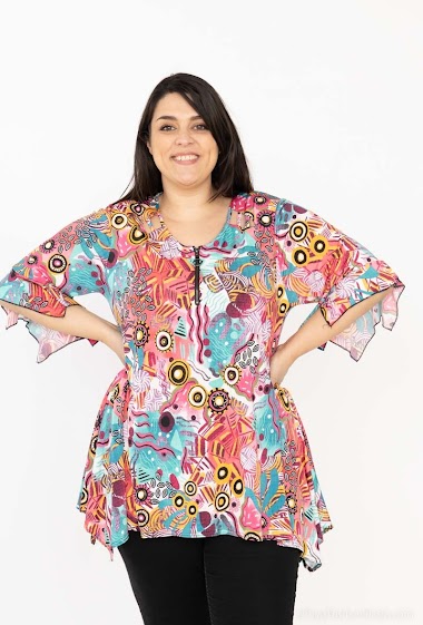 Zipped round neck tunic with printed flared sleeves