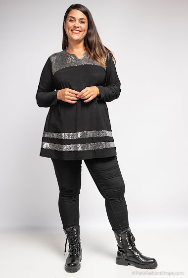 Bi-material v-neck tunic with sequins