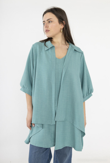 Wholesaler 2W Paris - Plain tunic with shirt collar in 2 in 1 fabrics like linen