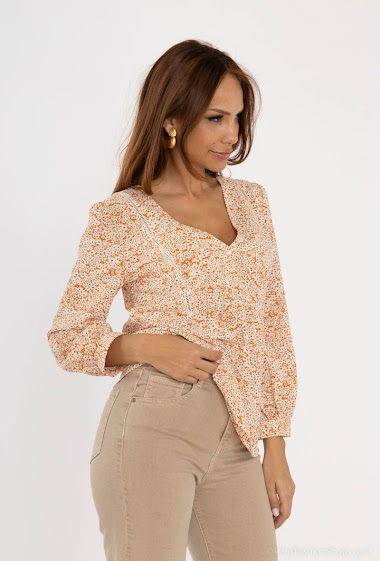 Wholesaler AC BELLE - Floral shirt flared long sleeves V neck