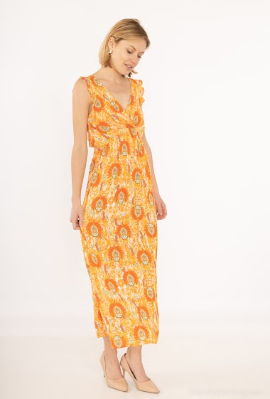 Wholesaler AC BELLE - V-neck flared patterned long dress with short sleeves