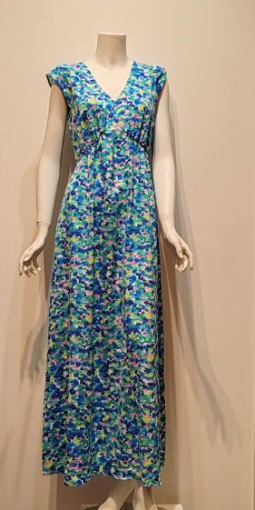 Großhändler AC BELLE - Langes, ausgestelltes Kleid mit V-Ausschnitt und Aufdruck