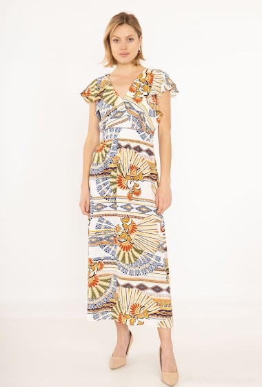 Wholesaler AC BELLE - Flared long dress with fluttering sleeves V-neck print