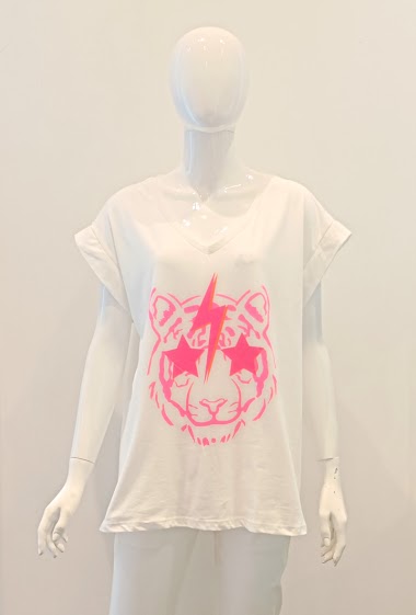 Großhändler AC BELLE - Rosa T-Shirt aus Baumwolle mit Tigermuster und kurzen Ärmeln