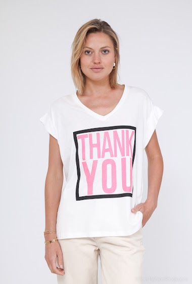 Großhändler AC BELLE - T-Shirt mit V-Ausschnitt, kurzen Ärmeln und „Thank You“-Aufdruck