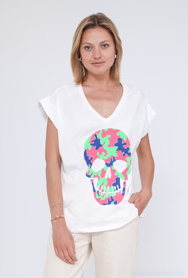 Großhändler AC BELLE - Kurzärmeliges T-Shirt mit V-Ausschnitt und Totenkopf
