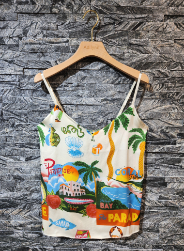 Wholesaler Adilynn - “Paradise” printed camisole, elastic back, adjustable thin straps