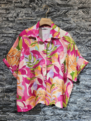 Großhändler Adilynn - Button-Down-Hemd aus Leinen, tropischer Aufdruck, kurze Ärmel