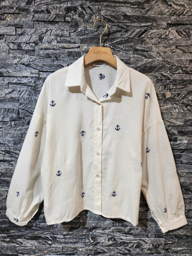 Wholesaler Adilynn - Shirt with anchor embroidery, buttons, long sleeves