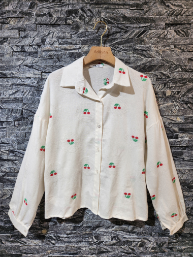 Mayorista Adilynn - Camisa con bordado de cerezas, botones, manga larga.