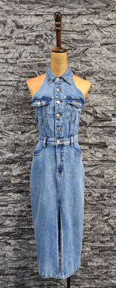 Grossiste Adilynn - Combinaison jupe en jeans, fendue devant, dos ouvert, quatre poches avant