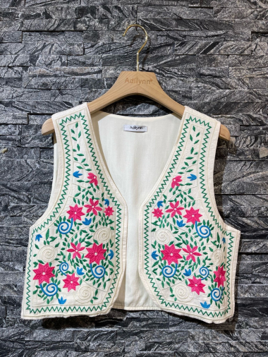 Wholesaler Adilynn - Sleeveless cotton vest with flower embroidery