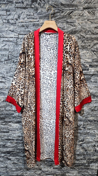Mayorista Adilynn - Kimono fluido de largo medio con estampado de leopardo y bandas de colores