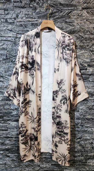 Grossiste Adilynn - Kimono fluide mi-long imprimé toile de jouy, deux poches latérales