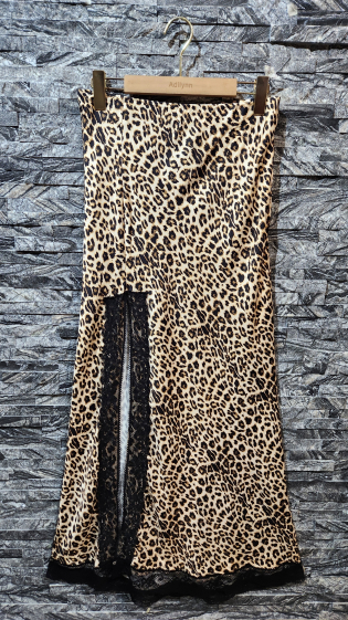 Grossiste Adilynn - Maxi jupe en viscose léopard, dentelle, fendue sur le côté