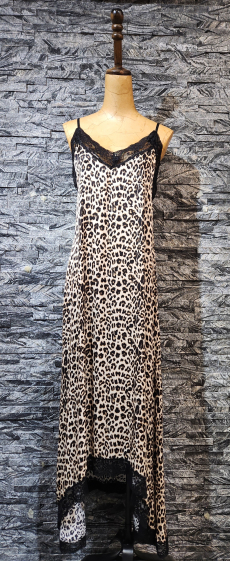 Mayorista Adilynn - Vestido largo asimétrico de leopardo con encaje y tirantes finos ajustables